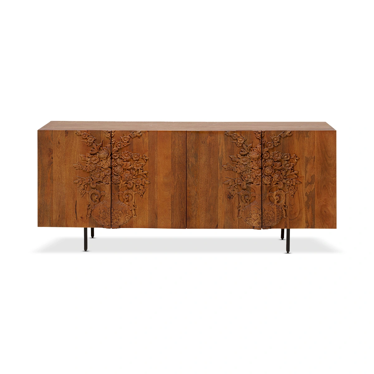 Flower Bouquet Sideboard – Brown – Mango Solid Wood and MDF – Four door storage sideboard with floral design