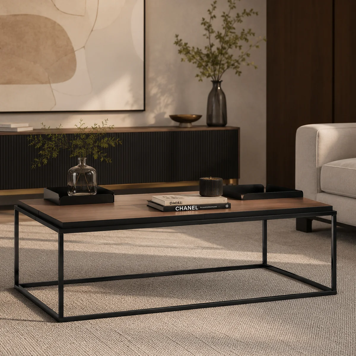 Douro Walnut Coffee Table with 3 Tops & 2 Boxes - Metal Lacquered in Matt Black
