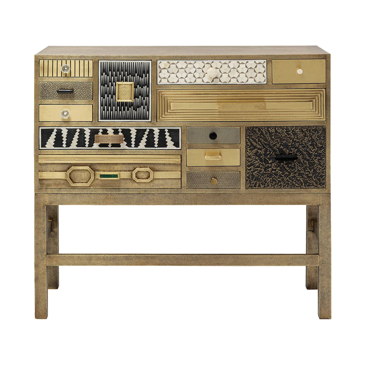 Golden Chalet High Dresser with 13 Drawers in Glass Colored Intarsia