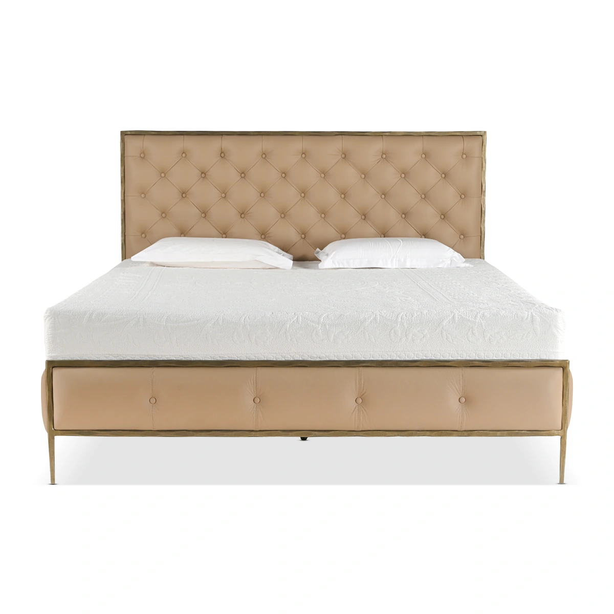 Nyra King Size Bed – Brass | Buff Leather Upholstery, Padded Comfort & Luxurious Statement Design
