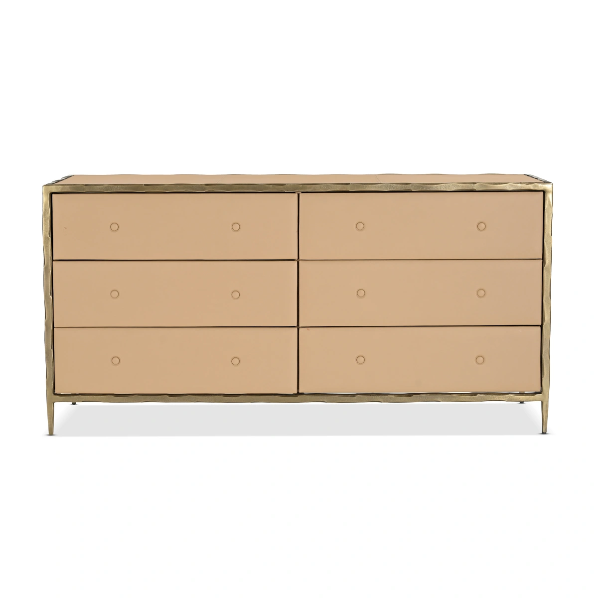 Nyra Six Drawer Dresser – Brass | Leather Wrapped Storage, Spacious Organization & Premium Bedroom Presence