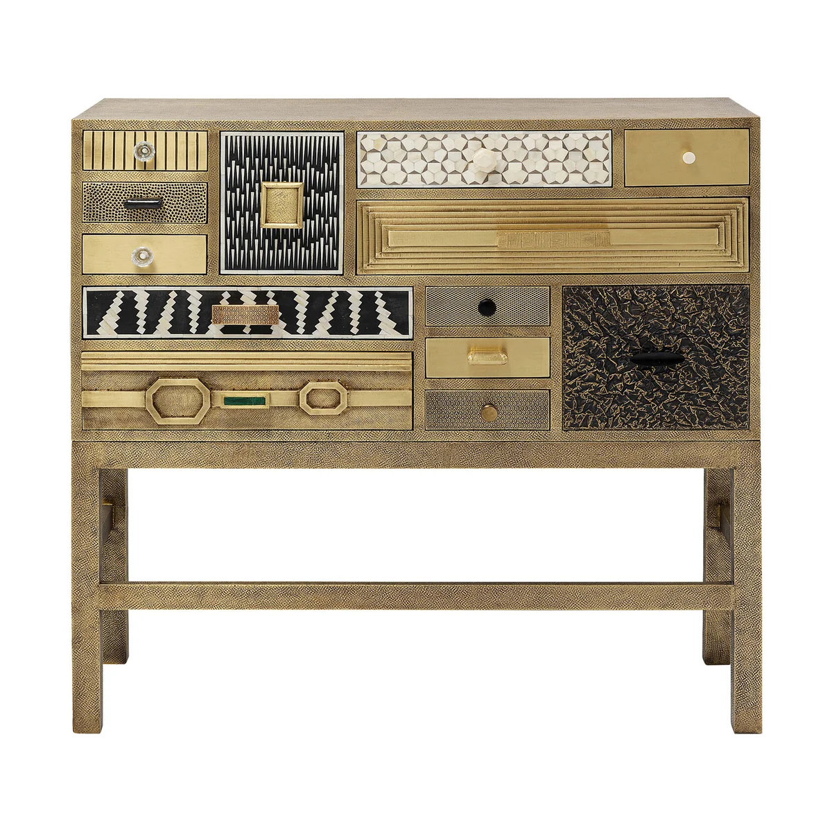 Golden Chalet High Dresser with 13 Drawers in Glass Colored Intarsia